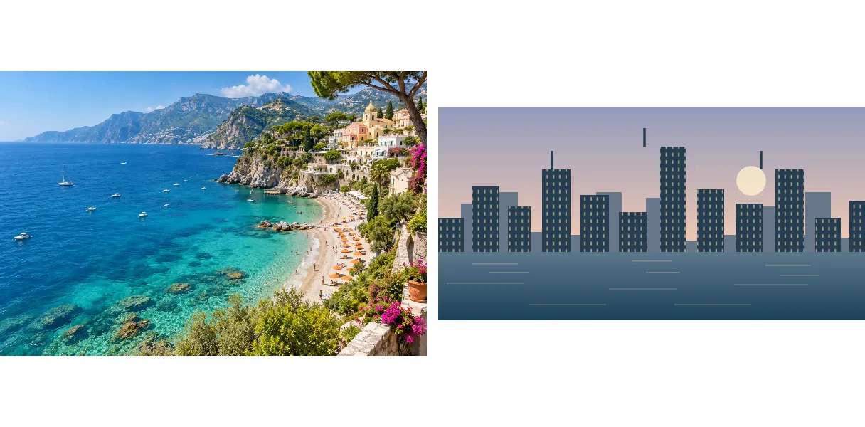 Coastal photograph and original city illustration fitted into two cells